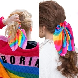 Silk Rainbow Bunny Ear Hair Ties 4pc Cute Satin Rainbow Bow Hair Scrunchies For Girls Women Elastic Ropes Ponytail Holder Decor Accessories Pride Month Gift (B)