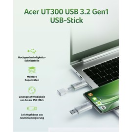Acer USB Flash Drive UT300 128GB USB 3.2 Gen1 Up to 150MB/s with Dual Port Type-A & Type-C Flash Drive for PC/Laptop/MacBook/Smartphone
