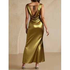 winkbay Women's Metallic Bow Tie Backless Ruched Dress Cowl Neck Fishtail Bodycon Maxi Cocktail Dresses Gold Small