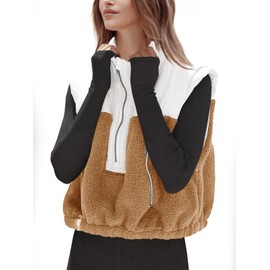 Tankaneo Womens Cropped Vests Outerwear Color Block Half Zipper Fleece Sherpa Sleeveless Winter Coats Jackets with Pockets