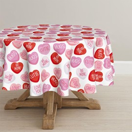 Horaldaily Valentine Tablecloth 60×60 Inch Round, Pink Colored Love Hearts with Words Washable Table Cover for Party Picnic Dinner Decor