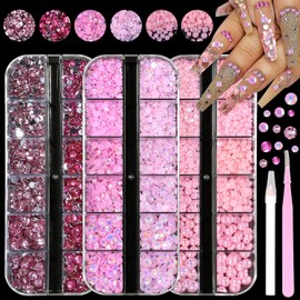 4000 PCS Pink Color Flatback Pearls and Rhinestones for Crafts, 3/4/5mm Jelly Resin Rhinestones, 2-6mm Mix Pearl Half Pearls for Bedazzling for Nail DIY Crafts Mugs Bottles Tumblers Clothes Makeup