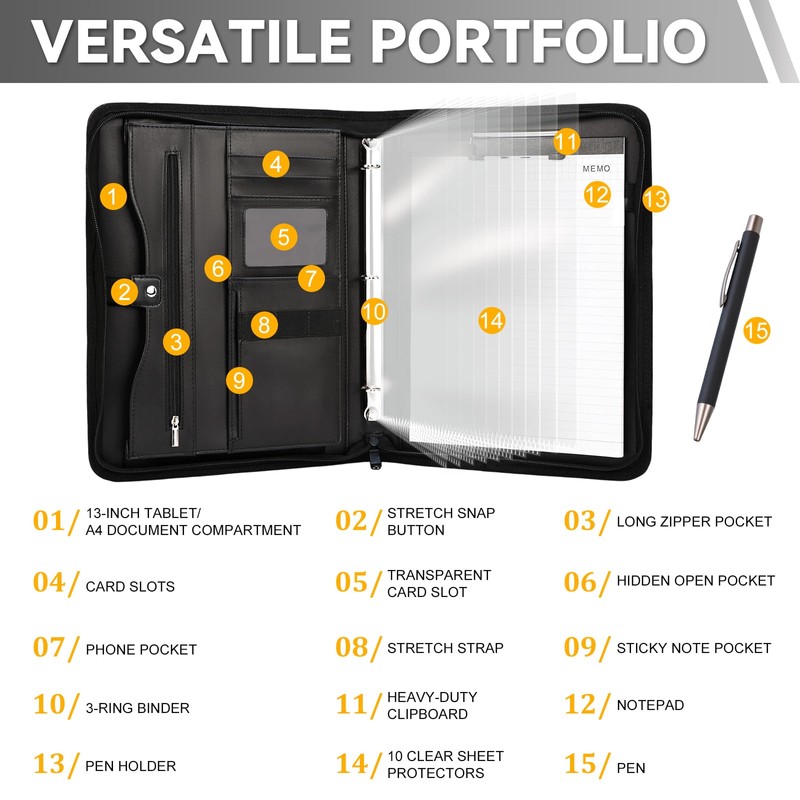 Leathario Portfolio Binder, Padfolio Organizer, 3 Ring Binder with Zipper