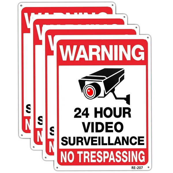 Warning Security Cameras In Use 24 Hour Video Surveillance Sign 10x14 Aluminum UV Ink Printed,Durable/Weatherproof Up to 7 Years Outdoor for House and Business (4-Pack)