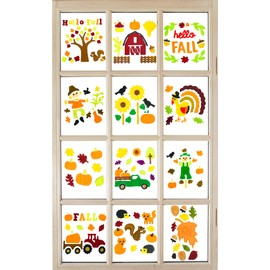 Fall Window Gel Clings: Thanksgiving Harvest Turkey Leaves Pilgrim Decorations for Home Office Business (Assortment 3)