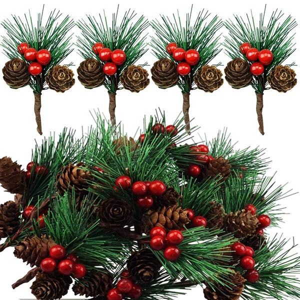 Grenerics 20 Branch Red Berry Pinecones Pine Needles Stems Artificial Winter Christmas Berries Picks Decor for Christmas Garland Holiday Wreath Ornaments by Baryuefull