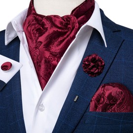 DiBanGu Wine Red Ascot Ties for Men Silk Paisley Cravat with Pocket Square Cufflinks Floral Laple Pin Set