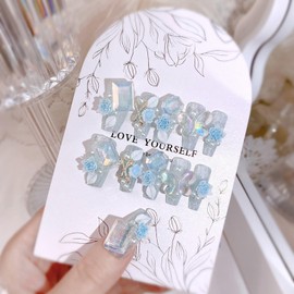 Press on Nails Square Medium Length Glossy Full Cover Acrylic False Nails with Blue Floral Butterfly Gems Designs Artificial Short Coffin Fake Nails with Charms Glue ons Fingernails for Women Girls