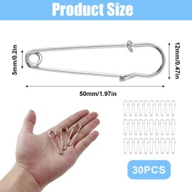 30 Pcs Large Safety Pins Strong for Clothes Nappy Pins 2 Inch Heavy Duty Stainless Steel Safety Lock for Blankets Crafts Skirts Kilts Brooch Making Arts Crafts Dressmaking Jewelry Household, Silver