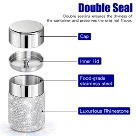 Svpolns Bling Rhinestone Tea Canister,Glitter Stainless Steel Tea Tin with Airtight Double Lids, Sparkle Diamond Double Seal Container for Loose Tea, Coffee, Candy, Herbs & Spices Storage（400ml）
