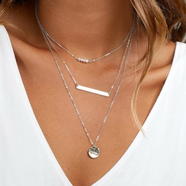 Silver Necklace for Women - Dainty Layering Pearls Necklace Bar Necklace Hammered Disc Pendant Silver Layered Necklace Simple Layering Necklace Silver Necklace for Women