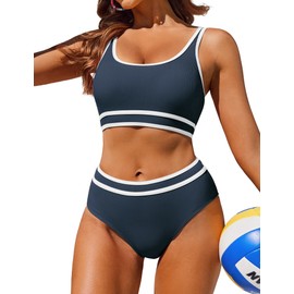 AI'MAGE Women Swimwear High Waisted Bikini Set Two Pieces Sport Bikini Padded Ribbed Swimsuits, Dark Blue XS