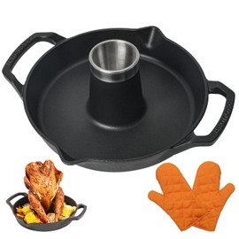 IPROUDER Cast Iron Chicken Roaster, Pre-Seasoned Vertical Poultry Roaster with Drip Pan, Beer Can Chicken Holder for Grill, Oven & Smoker