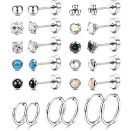 Jstyle 8 Pairs Surgical Steel Earrings for Sensitive Ears Hypoallergenic 20G Stainless Steel Stud Hoop Earrings for Women Men Small Opal Ball CZ Surgical Steel Flat Back Earrings Cartilage Earrings Jewelry:_Silver2