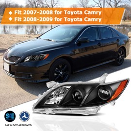 LBRST Headlight Assembly with Project for Toyota Camry 2007-2009 Black Housing Amber Reflector Clear Lens Driver and Passenger Side Headlamp