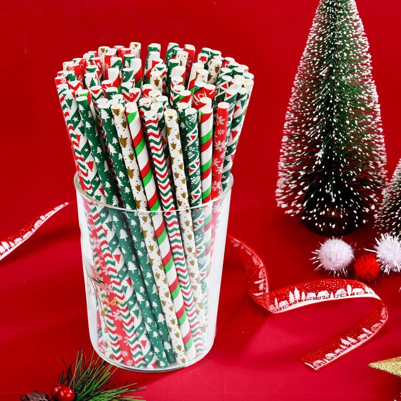 ALINK 100 Christmas Paper Straws, 8 Styles Red Green White