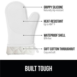 GORILLA GRIP Heat Resistant Durable Silicone Oven Mitts, BPA-Free Protective Grilling Potholders, Soft Cotton Lining, Flexible Waterproof Cooking Mitt Set, Kitchen Home Essentials, 12.5x8.3, White