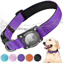 LZXLXS AirTag Dog Collar, IPX8 Waterproof Air Tag Dog Collar Holder, Luminous, Reflective, Durable, Comfortable Padded GPS Collars for Small Medium Large Dogs, Purple, M