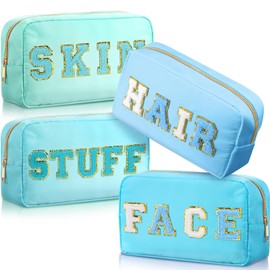 Remerry 4 Pcs Travel Toiletry Bags for Women Nylon Makeup Bag Organizer Cosmetic Chenille Letter Pouch Zipper Preppy Waterproof Hair Pouch Christmas Gift(Blue Green Colors)