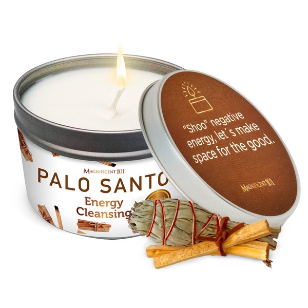 Magnificent 101 Palo Santo Smudge Candle for Home Energy Cleansing and Aromatherapy – 6 oz Natural Soy Wax Tin – 24-Hour Burn Time - Banishes Negative Energy, Chakra Healing, and Manifestation