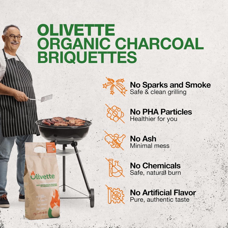Organic Charcoal Briquettes by Olivette, Reusable Charcoal for Grilling, USDA