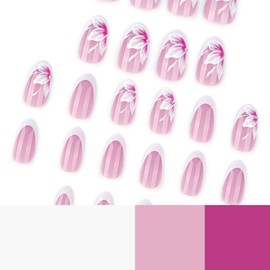 24 Pcs Press on Nails Almond French Tip Fake Nails with Rhinestones designs Flower False Nails Full Cover Pink Stick on Nails Glossy Reusable Glue on Nails for Women Manicure