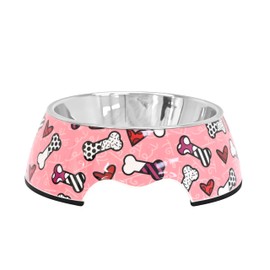 Romero Britto Pet Bowl - Artsy & Washable Food-Grade Stainless Steel Dish for Dogs & Cats, Pink Bones & Hearts Design, Perfect Portion for Food & Water, Great for Small, Medium, Large Breeds (Large)