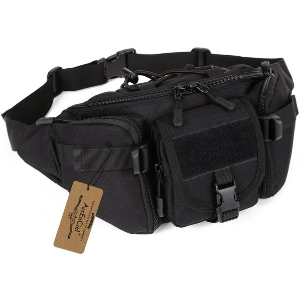 ArcEnCiel Tactical Fanny Pack for Men Waist Bag Military Hip Belt Outdoor Hiking Fishing Bumbag (Black)