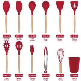Kitchen Utensils Set 12 Pieces Nonstick Silicone Cooking Utensils Wood Handle Silicone Cooking Utensils Set with Holder Dishwasher Safe BPA Free(red)