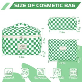 TESAFNG Quilted Makeup Bag Set - 3 PCS Cute Floral Cotton Makeup Bag, Large Coquette Aesthetic Make up Cosmetic Bag, Flower Travel Toiletry Organizer Bags for Women Girls (Checkered Green)