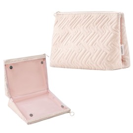 Makeup Bag Travel Essentials Cute Skincare Pouch Purse Cosmetic Bags for Women Traveling Make Up Organizer Portable Clear Case Toiletry Bag with Zipper (Beige, Large)