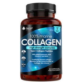 NEW LEAF PRODUCTS Pure Marine Collagen 100% Marine Collagen Type 1 Hydrolysed Collagen Peptides Enhanced with Hyaluronic Acid & Vitamin C -Essential Amino Acids - Collagen Supplements for Women and Men, 60 Capsules