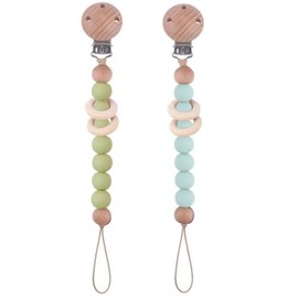2Pcs Wood Silicone Pacifier Clip Baby Pacifier Holder Binky Clips for Baby Girl and Boys (Green)