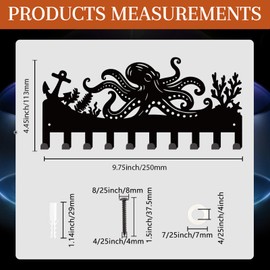 INFUNLY Octopus Black Metal Key Holder for Wall 9.84"×4.45" Ocean Theme Key Holder Wall Mount Octopus Key Holder Rack with 10 Hooks Key Organizer Rack Hanger for Home Entryway Key Bags Umbrella Wallet