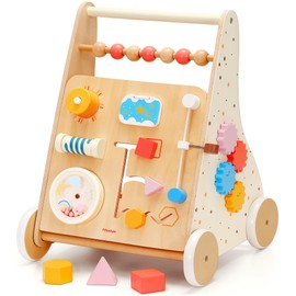 Pillowhale Wooden Baby Walker, Baby Push Walker, Montessori Activity Center Push Toy, Ajustable Speed Baby Walker with Wheels for Toddlers Learning to Walk 12m+