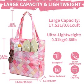 Kasgo Beach Bag, Water Resistant Sandproof Large Zipper Beach Tote Foldable Women's Summer Swim Bag Shoulder Pool Bags for Travel, Shopping, Picnic, Gym, Camping, Pink Scales