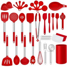 LIANYU 43 Pcs Kitchen Cooking Utensils Set, Silicone Cooking Utensils Spatula Set with Holder, Heat Resistant Kitchen Gadgets Tools for Nonstick Cookware Set, Stainless Steel Handle, Red