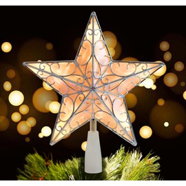 Anstore Xmas Tree Topper Star Silver,10 Inches Silver Glitter Star for Christmas Tree,Christmas Glittered Hollow Star Topper Built in 10 Bulbs String Lights 3D Star Tree Top for Holiday Decorations