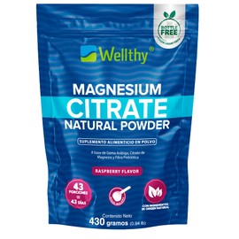 Wellthy Citrato de Magnesio en Polvo Sabor Raspberry 430g Equivalente a 417mg de Magnesio por Scoop. 43 Porciones por Envase, Scoop Incluído, Flavorless, Bottle Free.
