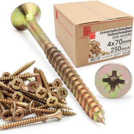 LUN FIX Universal Screw 4.0 x 70 mm - Pack of 250 | Phillips PZ2 | Countersunk Head | Wood Screws | Yellow Galvanised | Multi-Purpose Screws | Phillips Screws