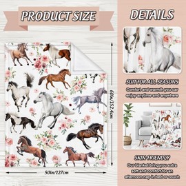 JarThenaAMCS Floral Horse Fuzzy Flannel Blanket 60 x 50 Inch Farmhouse Throw Blanket Watercolor Flower Cow Blanket for Home Chair Sofa Couch Bed