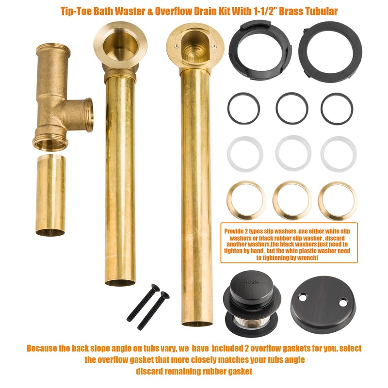 Artiwell 1-1/2" Brass Tubular Bath Drain Kit with Tip-Toe Bath