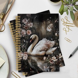 YLZlhb Vintage Floral Swan Spiral Notebook Journal, Retro Elegant Animal White Swan Flower Aesthetic Notebooks for Note Taking, Floral Hardcover Spiral Journal 5.5x8.3 Inches