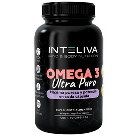 Inteliva Omega 3 Ultra Puro con 810 mg de Omega 3 por cápsula. Con 400mg de EPA & 300mg DHA por porción. De origen natural obtenido de Peces Oceánicos de Aguas Profundas. Libre de Metales. 90 Cápsulas
