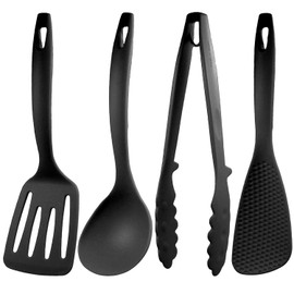 Nagao Tsubamesanjo Mini Kitchen Tool Set of 4 Turner, Ladle, Tongs, Spatula, Black, Made in Japan