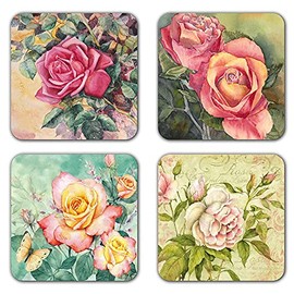 Watercolor Bright Flowers Square Coaster Set of Drink- Made of Polyester Fabric and Recycled Rubber Coaster Set - Set of 4