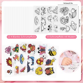 Hysagtek 193 Piece Shrink Film Set, 17 Sheets A5 Shrink Films, Key Fob, Handprint Set Including 5 Shrink Films for Painting with Pattern, Pencils, Hole Punch, Key Ring for Children