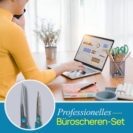 Professional Office Scissors Set, 4 Pieces, Stainless Steel, 24.5/21.5/14.5/12.5 cm - Scissors with Sharp Blades & Ergonomic Handles - For Office, Household, Crafts, Sewing - Right & Left Handed