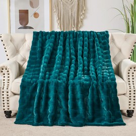 Home Soft Things Brick Textured Faux Fur Throw with Micromink Back, Warm Plush Decorative Blanket for Couch, Furry Thick Fluffy Cozy Throw for Living Room Bedroom, 50''× 70'', Teal