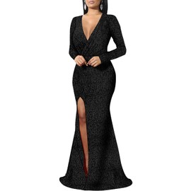 Women's Sexy Long Sleeve Sparkly Maxi Dress V Neck High Slit Wrap Formal Gown Cocktail Glitter Maxi Long Dresses Black